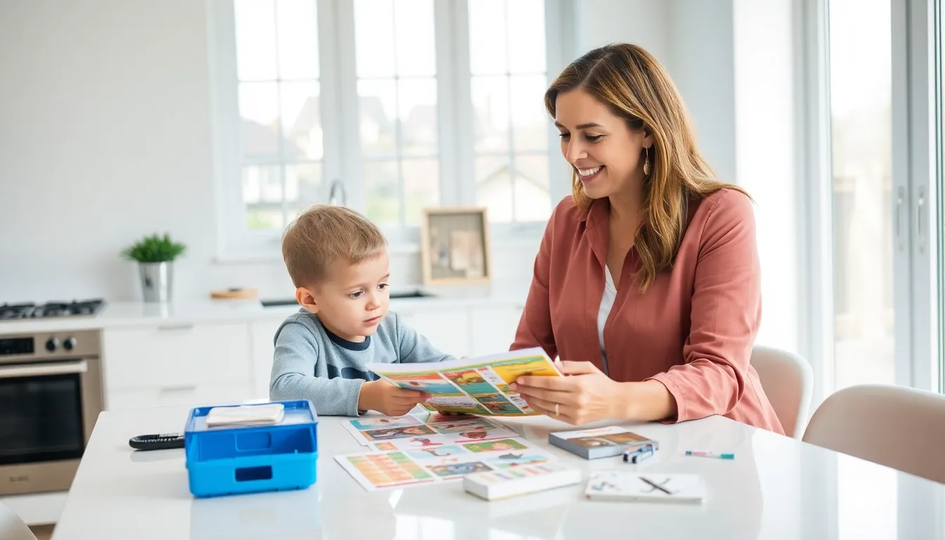 mother and child engaged in learning at a modern kitchen table.