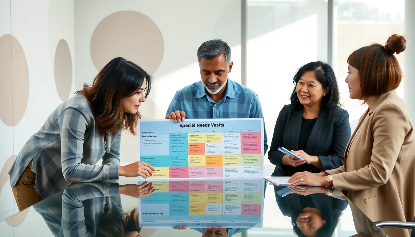 diverse professionals discussing support strategies for special needs children.