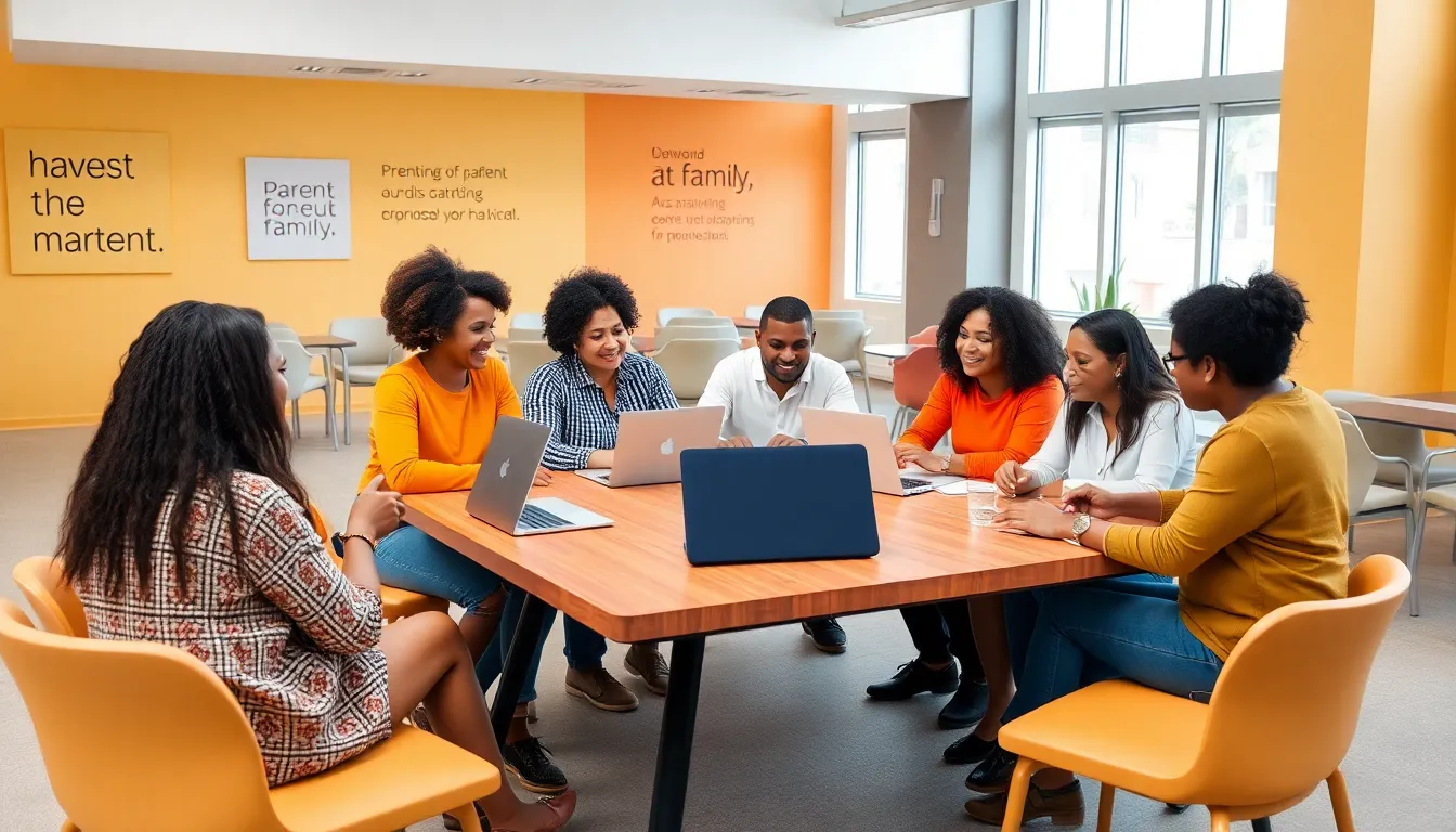 diverse parents collaborating in a community center.