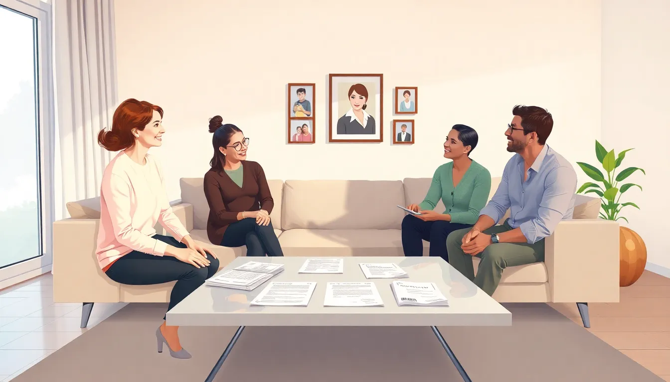 diverse group discussing fostering in a cozy living room.